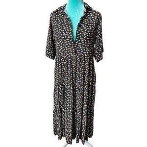 Cottagecore Prairie Ditsy Floral Size Small Collared Tiered Modest Midi Dress